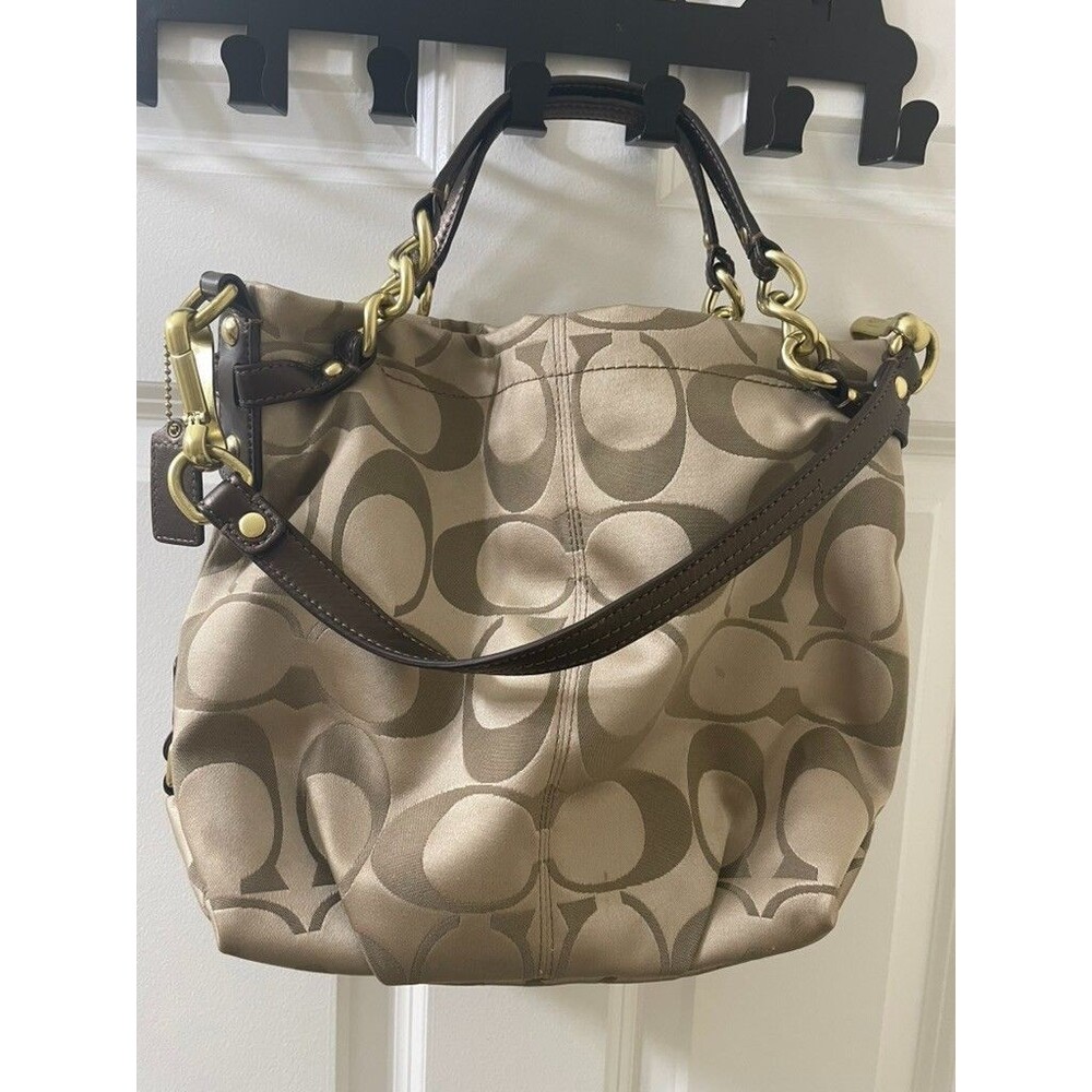 Coach Brooke F17183 Brown tan Signature Sateen Shoulder Bag Silver Hardware
